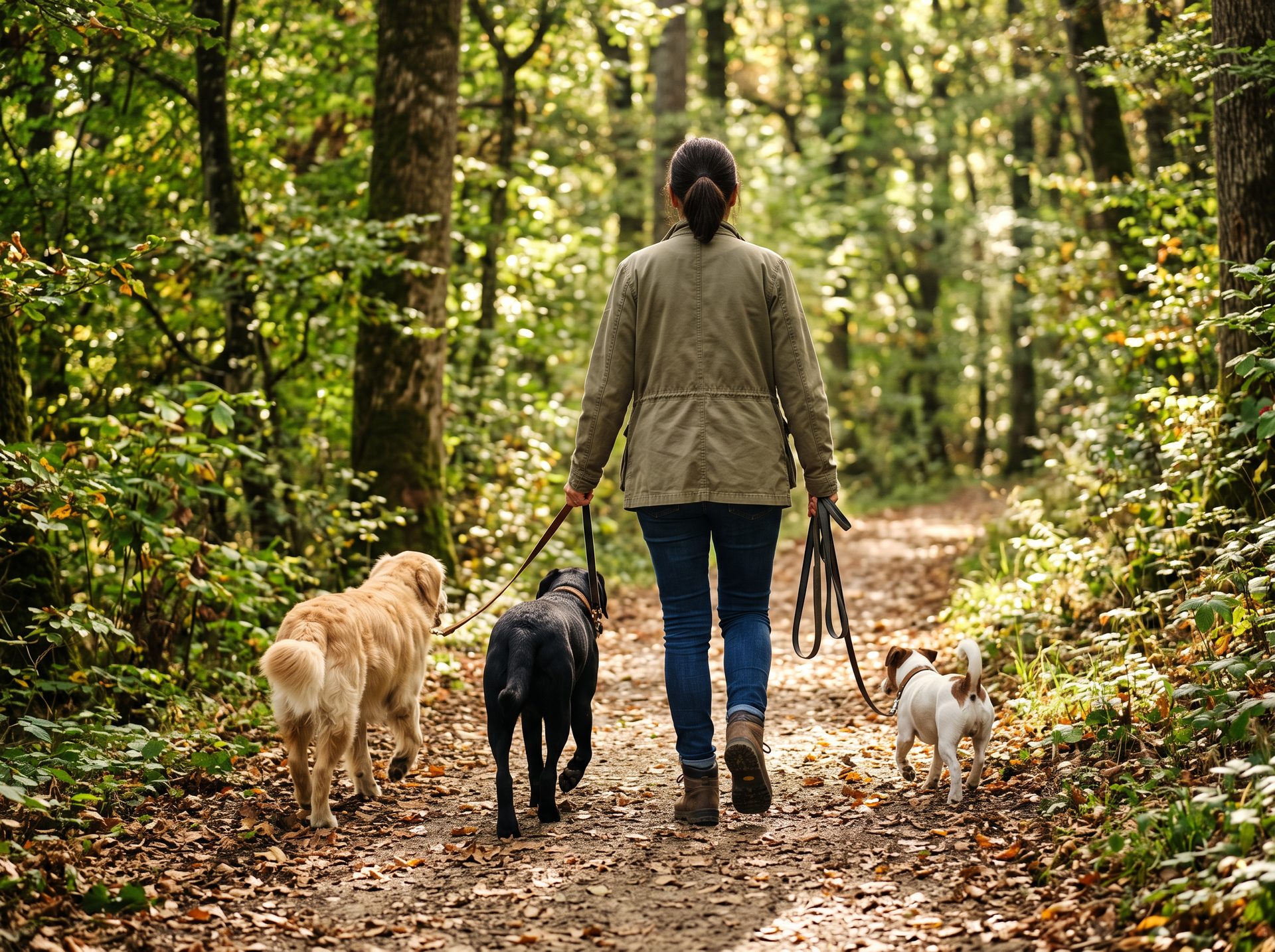 Une personne vue de dos promène trois chiens sur un sentier en forêt