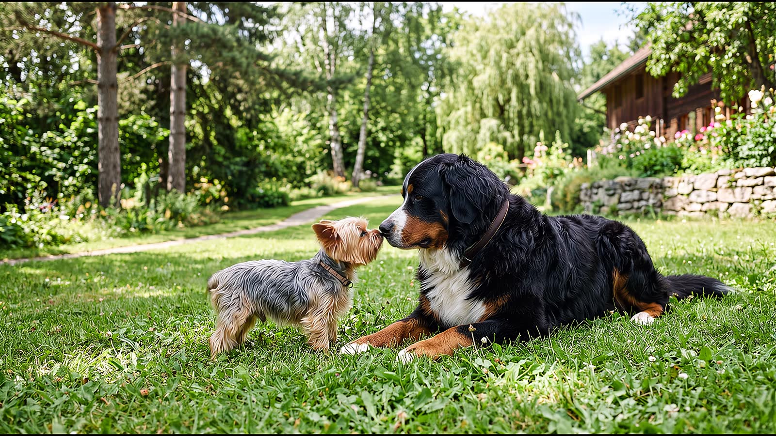 Un grand et un petit chien jouent ensemble sur la pelouse