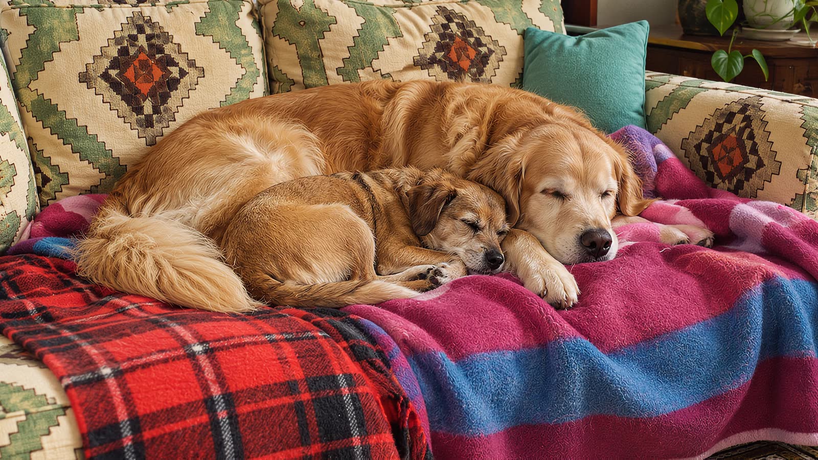 Deux chiens font la sieste sur le canapé de la maison